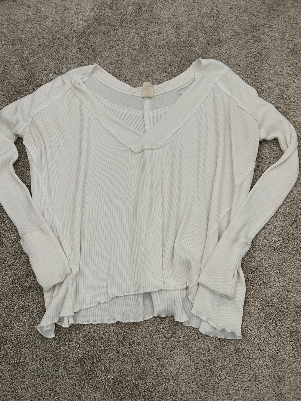 We The Free Off-White Ribbed V-Neck Long Sleeve Top